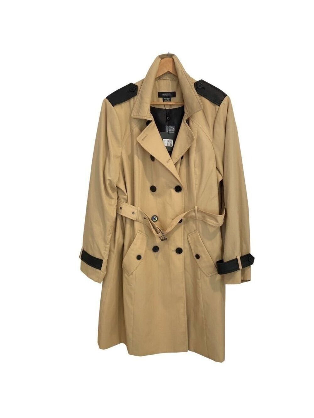 Michel Studio Collection Double-Breasted Trench Coat 2X Tan & Black Epaulettes